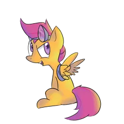 Size: 1000x1000 | Tagged: dead source, safe, artist:spanish-scoot, derpibooru import, scootaloo, pegasus, pony, female, filly, goggles, simple background, sitting, solo, transparent background