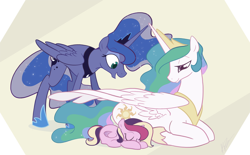 Size: 1100x681 | Tagged: safe, artist:egophiliac, derpibooru import, princess cadance, princess celestia, princess luna, alicorn, pony, alicorn triarchy, ethereal mane, eyes closed, female, filly, filly cadance, foal, hoof shoes, mare, momlestia, open mouth, prone, royal sisters, siblings, sisters, sleeping, smiling, spread wings, starry mane, trio, younger