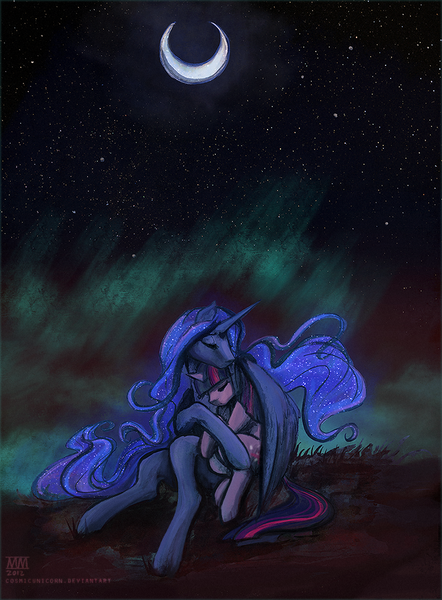 Size: 750x1019 | Tagged: artist:cosmicunicorn, aurora borealis, cuddling, derpibooru import, eyes closed, four-limbed hug, hug, moon, princess luna, safe, shipping, sitting, sky, sleeping, snuggling, stars, twilight sparkle, twiluna, winghug