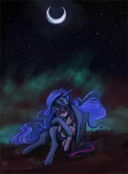 Size: 750x1019 | Tagged: artist:cosmicunicorn, aurora borealis, cuddling, derpibooru import, eyes closed, four-limbed hug, hug, moon, princess luna, safe, shipping, sitting, sky, sleeping, snuggling, stars, twilight sparkle, twiluna, winghug