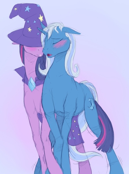 Size: 734x987 | Tagged: dead source, safe, artist:jakneurotic, derpibooru import, trixie, twilight sparkle, pony, unicorn, accessory swap, artifact, blue background, blushing, cape, clothes, duo, eyes closed, female, floppy ears, gradient background, hat, lesbian, mare, open mouth, paint tool sai, realistic, shipping, smirk, the great and powerful, the great and powerful twilight, trixie's cape, trixie's hat, twixie, wizard hat