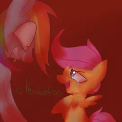 Size: 900x900 | Tagged: semi-grimdark, artist:spanish-scoot, derpibooru import, rainbow dash, scootaloo, pegasus, pony, fanfic:rainbow factory, blood, crying, eye contact, female, filly, looking at each other, mare, simple background