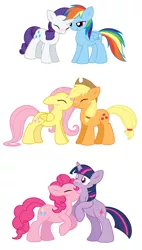 Size: 880x1544 | Tagged: safe, artist:selective-yellow, derpibooru import, applejack, fluttershy, pinkie pie, rainbow dash, rarity, twilight sparkle, earth pony, pegasus, pony, unicorn, appleshy, blush sticker, blushing, eyes closed, female, kissing, lesbian, mane six, mare, nuzzling, raridash, rearing, shipping, simple background, twinkie, unicorn twilight, white background