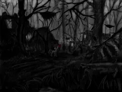 Size: 1280x960 | Tagged: grimdark, artist:agm, derpibooru import, apple bloom, earth pony, pony, story of the blanks, dark, eerie, everfree forest, forest, partial color, solo