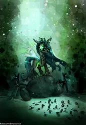 Size: 853x1250 | Tagged: safe, artist:foxinshadow, derpibooru import, queen chrysalis, changeling, changeling queen, nymph, cute, cutealis, deviantart link, female, filly queen chrysalis, floppy ears, image, looking down, png, raised hoof, smiling, solo, standing, toy, younger