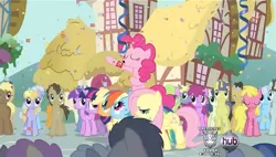 Size: 599x340 | Tagged: safe, deleted from derpibooru, derpibooru import, edit, edited screencap, screencap, amethyst star, applejack, berry punch, berryshine, bon bon, carrot top, cherry berry, cherry fizzy, cloud kicker, coco crusoe, comet tail, daisy, doctor whooves, flower wishes, fluttershy, golden harvest, linky, neon lights, pinkie pie, ponet, rainbow dash, rarity, rising star, shoeshine, sweetie drops, time turner, twilight sparkle, earth pony, pegasus, pony, unicorn, a friend in deed, adolf hitler, armband, heil, hub logo, moustache, nazi, op can't draw swastikas, smile song, swastika