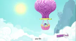 Size: 855x470 | Tagged: caption, derpibooru import, edit, edited screencap, hot air balloon, hub logo, hurricane fluttershy, opening, safe, screencap, spike, twilight sparkle, twinkling balloon, youtube caption