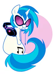 Size: 600x810 | Tagged: safe, artist:egophiliac, derpibooru import, vinyl scratch, pony, unicorn, abstract background, cable, headphones, looking back, mouth hold, smiling, solo
