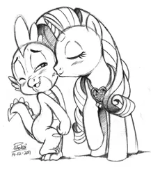 Size: 866x1000 | Tagged: safe, artist:pokelai, derpibooru import, rarity, spike, dragon, pony, unicorn, black and white, female, grayscale, interspecies, kissing, male, monochrome, shipping, sparity, straight, traditional art