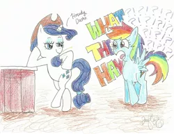 Size: 2197x1695 | Tagged: safe, artist:hahasauce, derpibooru import, rainbow dash, rarity, pony, accessory swap, bipedal leaning, cowboy hat, dialogue, hat, surprised, traditional art