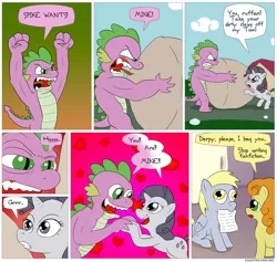 Size: 850x807 | Tagged: safe, artist:fadri, derpibooru import, carrot top, derpy hooves, golden harvest, rarity, spike, tom, pegasus, pony, comic:and that's how equestria was made, fanfic, comic, discorded, female, good end, greed spike, greedity, greedy, interspecies, love, male, mare, mine!, shipper on deck, shipping, sparigreed, sparity, spike want, straight, this will end in love