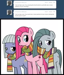 Size: 810x950 | Tagged: artist:frankier77, ask pinkamena diane pie, clothes, derpibooru import, fourth doctor, limestone pie, marble pie, pie sisters, pinkie pie, safe, scarf, shared clothing, shared scarf, tumblr