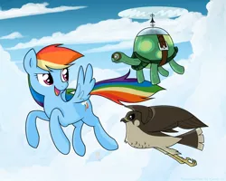 Size: 1280x1024 | Tagged: safe, artist:frankier77, derpibooru import, pinkie pie, rainbow dash, tank, falcon, pegasus, pony, ask pinkamena diane pie, balloon, cloud, cloudy, female, flying, mare