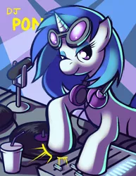 Size: 680x880 | Tagged: safe, artist:karzahnii, derpibooru import, vinyl scratch, pony, unicorn, drink, eyeshadow, female, headphones, looking at you, makeup, mare, microphone, mixing console, solo, turntable