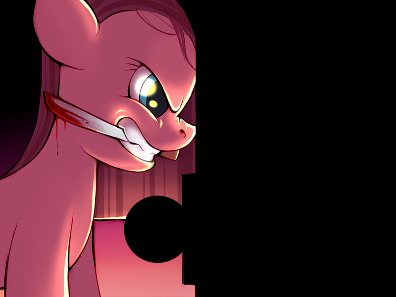 Size: 1024x768 | Tagged: semi-grimdark, artist:karzahnii, derpibooru import, pinkie pie, earth pony, pony, angry, blood, door, female, knife, mare, mouth hold, pinkamena diane pie, solo