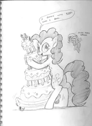 Size: 747x1024 | Tagged: safe, artist:docwario, derpibooru import, fluttershy, pinkie pie, earth pony, pegasus, pony, cake, dancing, dialogue, duo, female, food, hug, looking at you, mare, monochrome, pencil drawing, solo focus, speech bubble, traditional art
