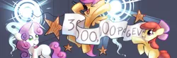 Size: 1500x500 | Tagged: safe, artist:karzahnii, derpibooru import, apple bloom, scootaloo, sweetie belle, earth pony, pegasus, pony, unicorn, equestria daily, banner, brony history, celebration, cutie mark crusaders, female, filly, microphone, mouth hold, singing, stars, trio, trio female