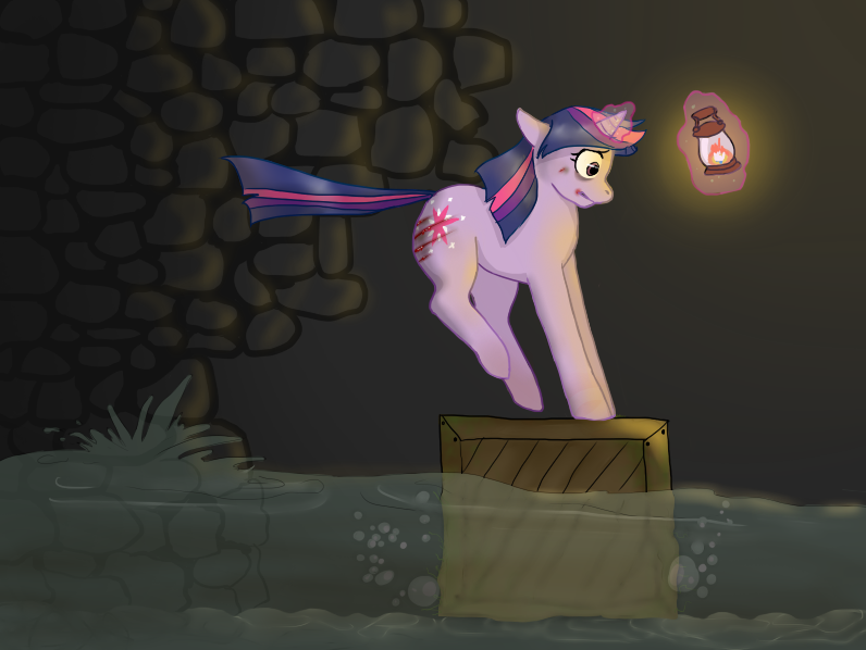 Size: 796x598 | Tagged: safe, artist:chibi-chicken88, derpibooru import, twilight sparkle, pony, unicorn, amnesia the dark descent, crate, cut, female, injured, kaernk, lantern, levitation, magic, mare, solo, telekinesis