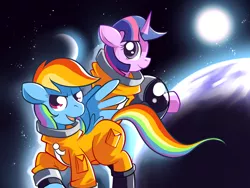 Size: 1520x1140 | Tagged: safe, artist:karzahnii, derpibooru import, rainbow dash, twilight sparkle, pegasus, pony, unicorn, astrodash, astronaut, clothes, female, mare, photoshop, science fiction, space, spacesuit, stars, unicorn twilight