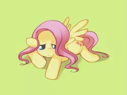 Size: 921x691 | Tagged: safe, artist:karzahnii, derpibooru import, fluttershy, pegasus, pony, crying, female, floppy ears, looking at you, lying down, mare, prone, sad, simple background, solo, spread wings, tear streaks