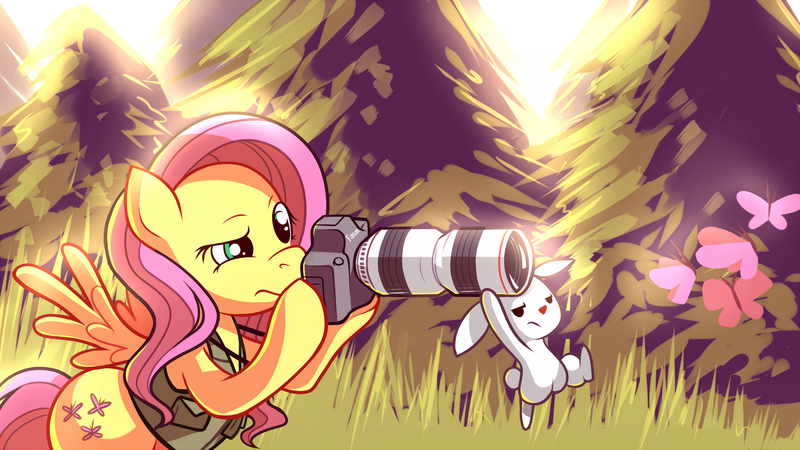 Size: 1920x1080 | Tagged: safe, artist:karzahnii, derpibooru import, angel bunny, fluttershy, butterfly, pegasus, pony, rabbit, aiming, animal, bipedal, camera, clothes, crepuscular rays, duo, fanon, female, frown, grass, hoof hold, lanyard, looking at you, mare, outdoors, photographer, raised eyebrow, spread wings, tall grass, tree, unamused, vest, wallpaper