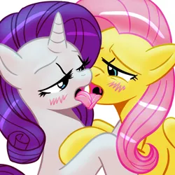 Size: 945x945 | Tagged: suggestive, artist:megasweet, derpibooru import, fluttershy, rarity, blushing, colored, female, flarity, french kiss, kissing, lesbian, shipping