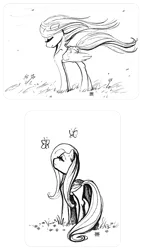 Size: 700x1233 | Tagged: artist:cosmicunicorn, butterfly, derpibooru import, eyes closed, fluttershy, monochrome, safe, sketch, windswept mane