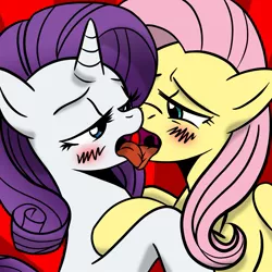 Size: 945x945 | Tagged: suggestive, artist:ace, artist:megasweet, derpibooru import, fluttershy, rarity, blushing, colored, female, flarity, french kiss, kissing, lesbian, shipping