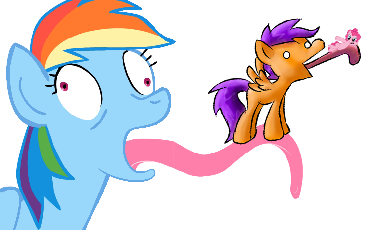 Size: 745x466 | Tagged: safe, derpibooru import, pinkie pie, rainbow dash, scootaloo, impossibly long tongue, tongue out, wat