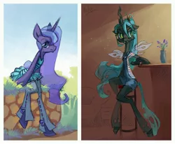Size: 4764x3934 | Tagged: safe, artist:holivi, derpibooru import, princess luna, queen chrysalis, changeling, changeling queen, pony, semi-anthro, clothes, dress, duo, fangs, female, floppy ears, image, jpeg, lidded eyes, looking at you, looking away, mare, outfit, ponytail, signature, skinny, wingless, wingless alicorn