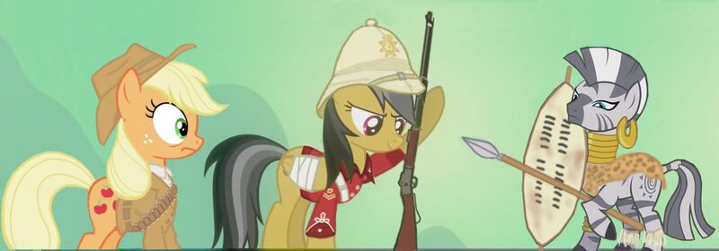 Size: 1269x444 | Tagged: applejack, artist:colorcopycenter, clothes, daring do, derpibooru import, gun, helmet, safe, shield, soldier, spear, uniform, zebra, zecora, zulu