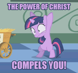 Size: 387x362 | Tagged: animated, bipedal, blank flank, cropped, derpibooru import, edit, edited screencap, exorcism, exorcist, female, filly, filly twilight sparkle, foal, image macro, purple text, safe, screencap, solo, the cutie mark chronicles, the exorcist, twilight sparkle, younger