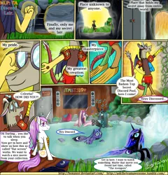 Size: 1600x1664 | Tagged: safe, artist:bonaxor, derpibooru import, discord, nightmare moon, princess cadance, princess celestia, princess luna, queen chrysalis, oc, oc:dream, alicorn, changeling, changeling queen, draconequus, pony, comic, female, male, mare, wet mane