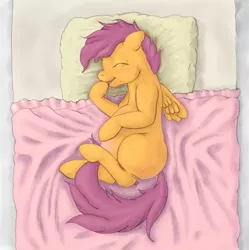 Size: 1280x1286 | Tagged: safe, artist:ratwhiskers, derpibooru import, scootaloo, pegasus, pony, ask pregnant scootaloo, abdominal bulge, bed, cute, female, filly, pillow, pregnant, pregnant scootaloo, solo, teen pregnancy