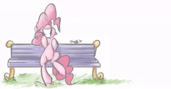 Size: 868x453 | Tagged: artist:skygracer, bench, derpibooru import, grin, pinkie pie, safe, sitting, smiling, solo