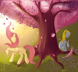 Size: 1082x1000 | Tagged: safe, artist:lightning-stars, derpibooru import, derpy hooves, fluttershy, pegasus, pony, cherry blossoms, duo, eyes closed, female, g4, mare, sitting, tree, under the tree