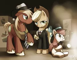 Size: 1100x860 | Tagged: safe, artist:gsphere, derpibooru import, apple bloom, applejack, big macintosh, earth pony, pony, apple mafia, cigar, clothes, gun, hat, mafia, mafia applejack, male, necktie, stallion, suit, tommy gun