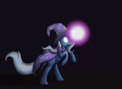 Size: 985x719 | Tagged: safe, artist:enma-darei, derpibooru import, trixie, pony, unicorn, bipedal, darkness, female, glowing eyes, glowing horn, magic, mare, rearing, solo, trixie's cape, trixie's hat