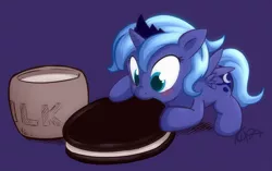Size: 1009x632 | Tagged: safe, artist:kuraton, derpibooru import, princess luna, alicorn, pony, blushing, cookie, cute, eating, female, filly, food, hnnng, lunabetes, micro, milk, nom, oreo, prone, purple background, signature, simple background, smiling, solo, spread wings, weapons-grade cute, woona, younger
