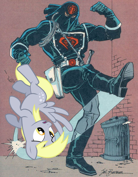 Size: 467x599 | Tagged: safe, artist:sal buscema, derpibooru import, derpy hooves, human, pegasus, pony, abuse, abusive human, cobra commander, derpybuse, female, g.i. joe, kick, kick the dog, kicking, mare, pure unfiltered evil