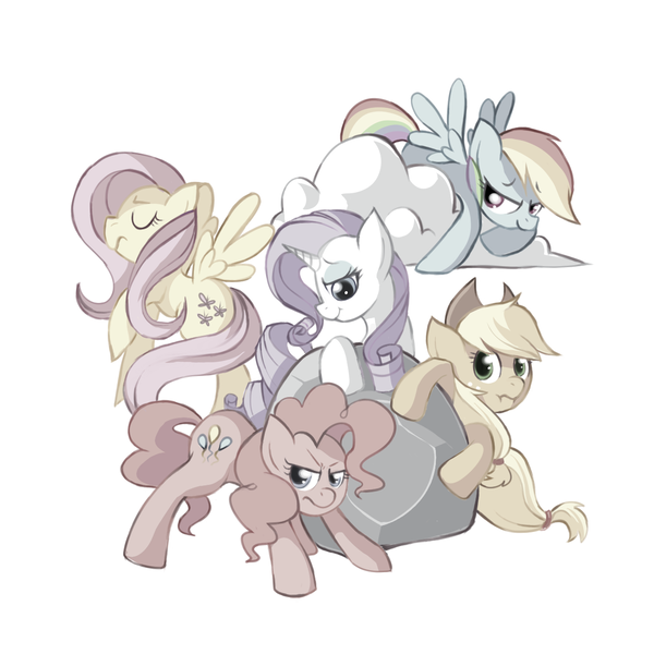 Size: 1280x1280 | Tagged: safe, artist:karzahnii, derpibooru import, applejack, fluttershy, pinkie pie, rainbow dash, rarity, tom, earth pony, pegasus, pony, unicorn, discorded, female, flutterbitch, greedity, liarjack, mare, meanie pie, rainbow ditch, simple background, white background