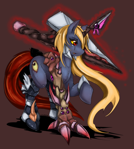 Size: 900x1000 | Tagged: grimdark, artist:slugbox, derpibooru import, ponified, pony, unicorn, simple background, solo, soul calibur, sword