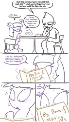 Size: 569x1003 | Tagged: artist:the weaver, book, comic, cup, derpibooru import, exclamation point, flutterrape, human, human fetish, magic, onion head, simple background, suggestive, sweat, table, twilight sparkle, white background