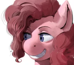 Size: 929x812 | Tagged: safe, artist:kevinsano, derpibooru import, pinkie pie, earth pony, pony, bust, female, grin, hippo snout, mare, portrait, simple background, smiling, solo, teeth