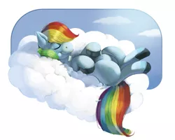 Size: 831x664 | Tagged: safe, artist:kevinsano, derpibooru import, rainbow dash, cloud, cloudy, eyes closed, hippo snout, on back, solo