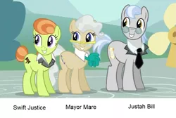 Size: 961x644 | Tagged: a friend in deed, cropped, derpibooru import, edit, edited screencap, judge, justah bill, lady justice, mayor mare, names, politics, safe, screencap, smile song, swift justice, tall order