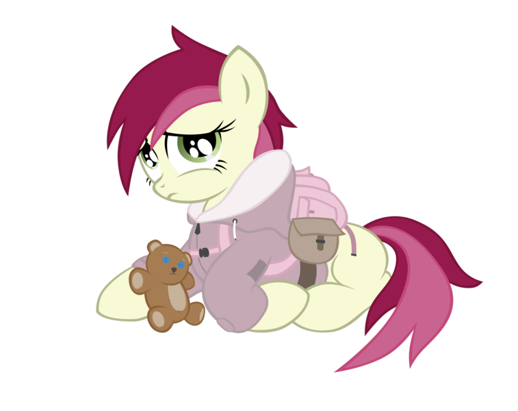 Size: 2784x2208 | Tagged: artist:shadawg, backpack, bag, clothes, derpibooru import, filly, foal, high res, lying, missing cutie mark, roseluck, safe, simple background, solo, teddy bear, transparent background, younger