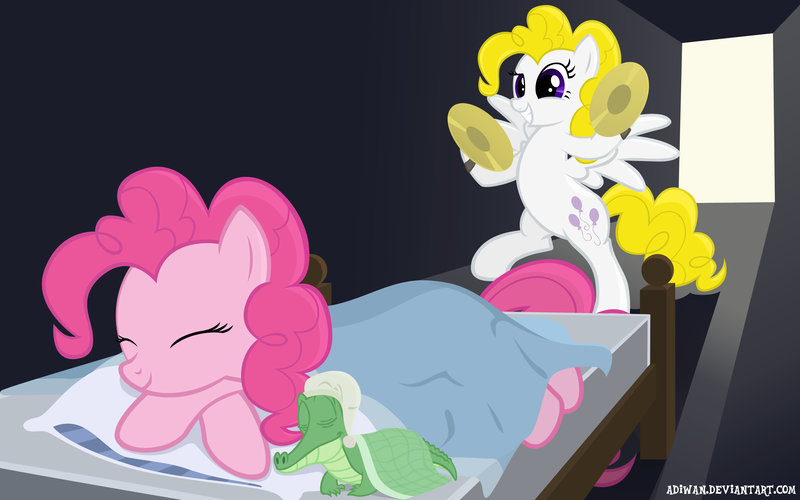 Size: 2560x1600 | Tagged: safe, artist:adiwan, derpibooru import, gummy, pinkie pie, surprise, crocodile, earth pony, pegasus, pony, bed, blanket, cymbals, female, g1, g1 to g4, generation leap, incoming prank, mare, newbie artist training grounds, photoshop, prank, pure unfiltered evil, sleeping, this will end in tears, trio, wallpaper, you monster
