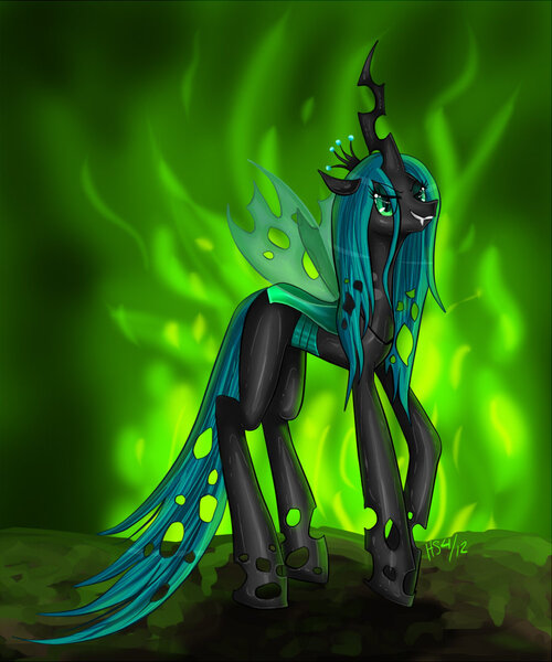 Size: 900x1081 | Tagged: safe, artist:nefertie, derpibooru import, queen chrysalis, changeling, changeling queen, fangs, female, fire, floppy ears, frown, image, jpeg, looking at you, signature, smiling, smirk, solo, standing