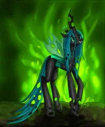 Size: 900x1081 | Tagged: safe, artist:nefertie, derpibooru import, queen chrysalis, changeling, changeling queen, fangs, female, fire, floppy ears, frown, image, jpeg, looking at you, signature, smiling, smirk, solo, standing